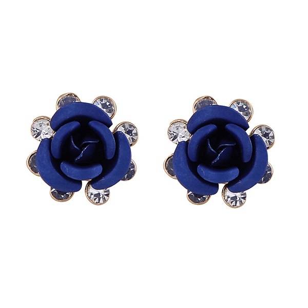 crystal rhinestone blue rose flower ear stud earrings for women