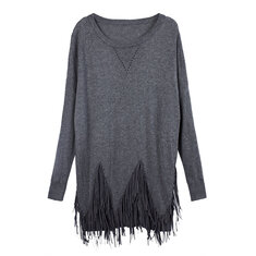 Pull Femme Couleur Pure à Ourlet Frangé