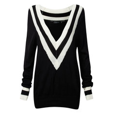 Chandails marine sexy vent rayé col V profond casual manches longues en tricot