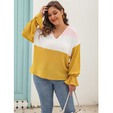 Plus Size Langarm V-Ausschnitt Color Block Causal Bluse