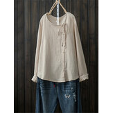 Women Button Crewneck Cotton Vintage Blouse