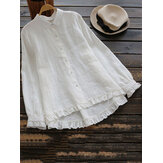 Plus Size Elegant Long Sleeve Ruffles Hem Cotton Blouse