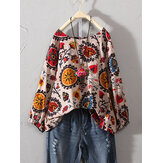 Vintage bloemenprint driekwartmouwen katoenen blouse