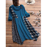 Button Print Plaid Patchwork Asymmetrical Plus Size Blouse