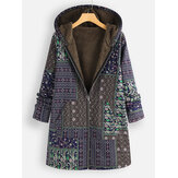 Vintage Print Fleece Hooded Plus Size Coats with Pockets