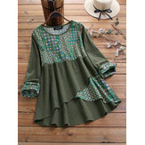 Etnik Baskı Patchwork Yüksek Düşük Vintage Bluz