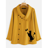 Camicia da donna con stampa gatto con bottoni causali