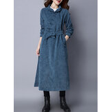 Retro Vrouwen Corduroy Lange Mouwen Solid Color Belted Long Trench Coat