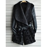 女性ラペルフェイクファーPUパッチワークロングスリーブポケットアウトウェアコート