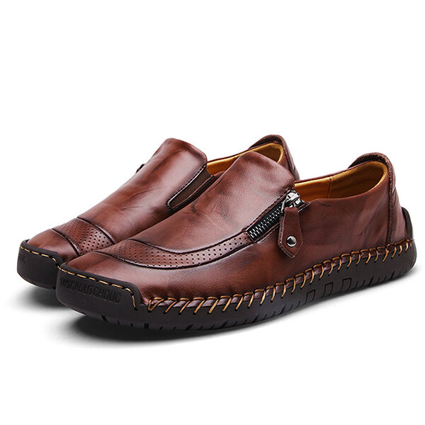 Menico Herren Soft Handnaht Echtleder Seitlicher Reißverschluss Slip On Oxfords Herren Classic Oxford Schuhe Bequemer Slip On