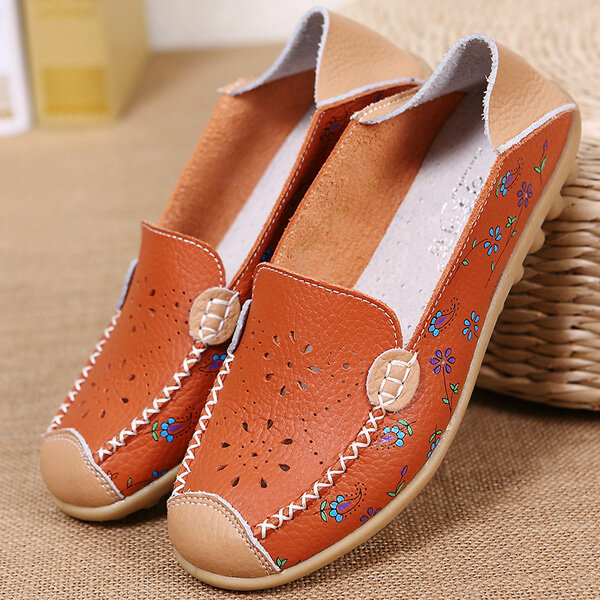 Women Leisure Shoes Breathable Hollow Out Flats Soft Sole Loafers Flower Printing Loafers