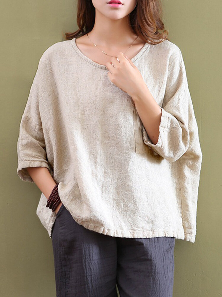 Bluzki damskie Casual Pure Color Pocket 3/4 Cotton Tops