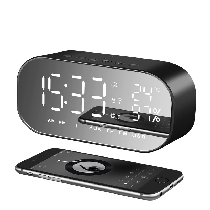 Digital LED Alarm Clock Smart Mirror Dual Wireless Bluetooth Speaker FM Radio