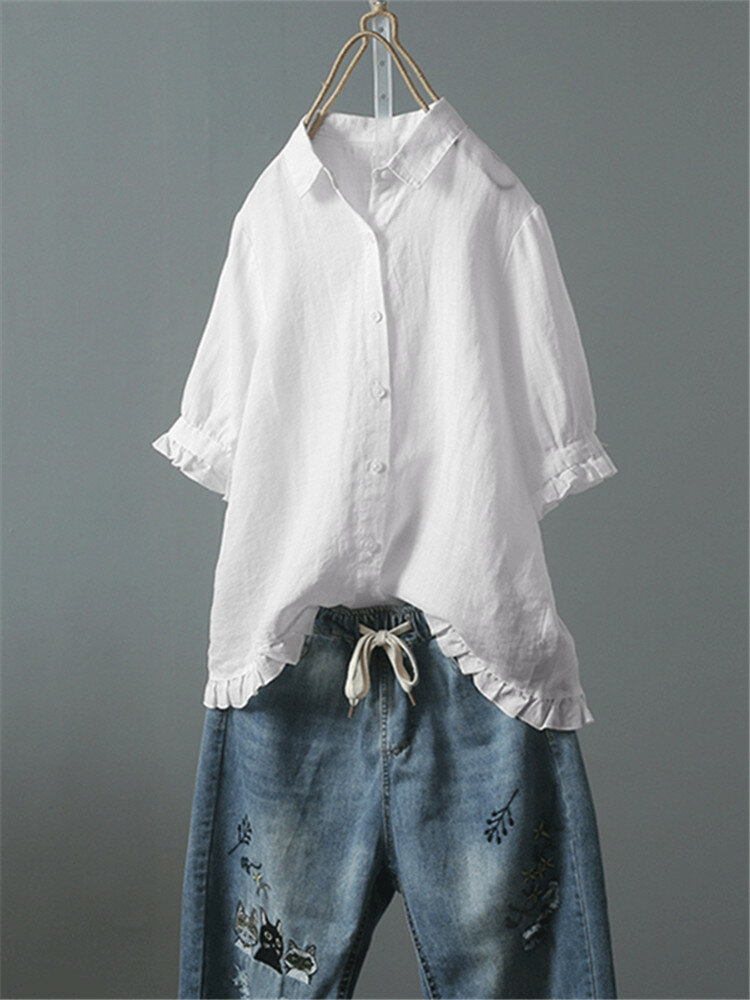 Bot&atilde;o Vintage Mulheres Turn Down Collar Meia Manga Camisas Cor S&oacute;lida