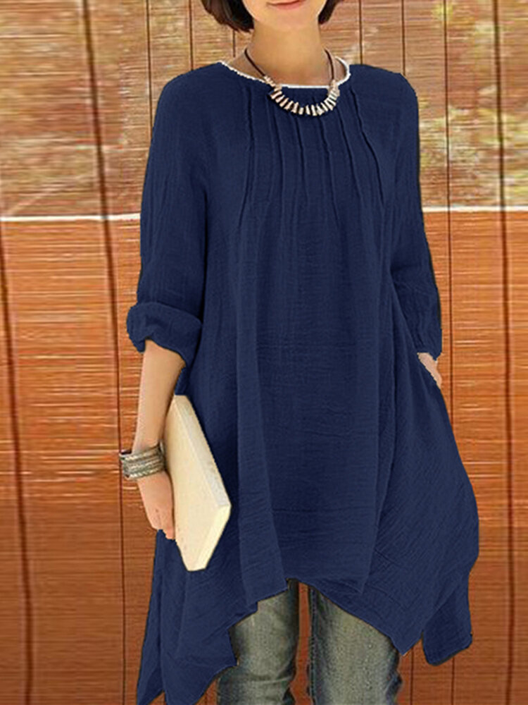 Loose Women Long Sleeve Pure Color Asymmetrical Hem Blouse