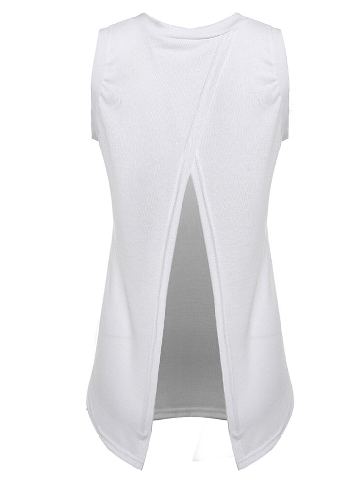 Sexy Women Sleeveless Solid White Back Split Cotton Vest Tank Top