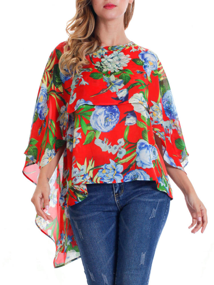 Mulheres O-pesco&ccedil;o Floral Print Batting Sleeve Blusa Irregular
