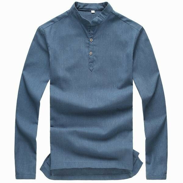 Camicia di Lino Colletto Alzato ad V Orlo con Fessura Tinta Unita Maniche Lunghe Colore di Caramella