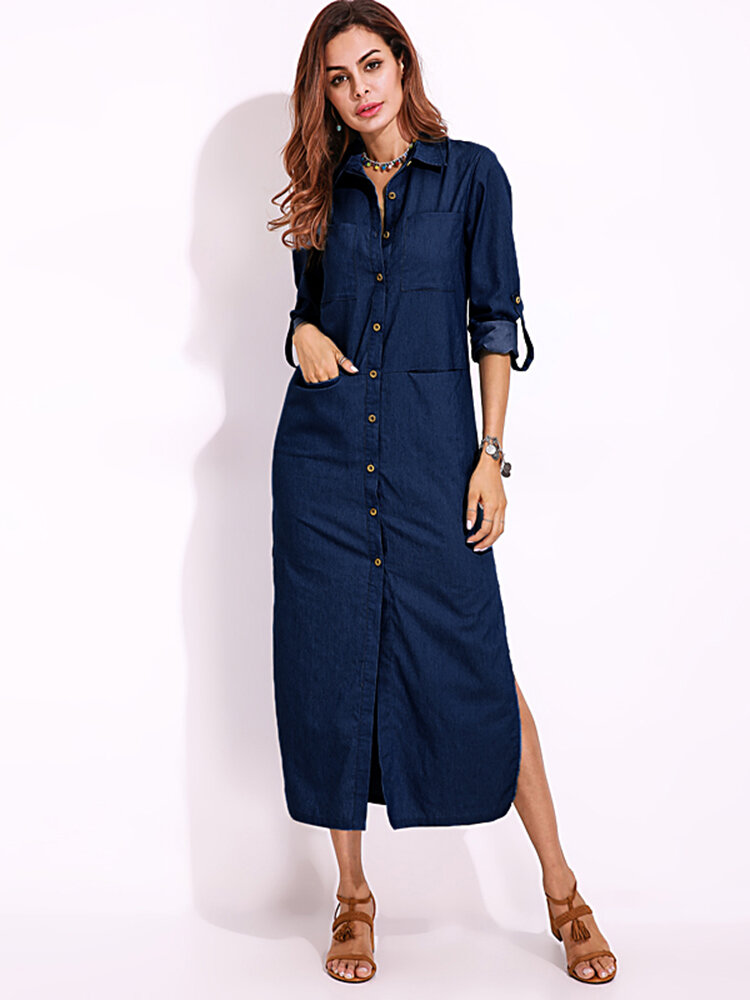 Long Sleeve Denim Shirt Dress Solid Color Turn-down Collar Button Dress 