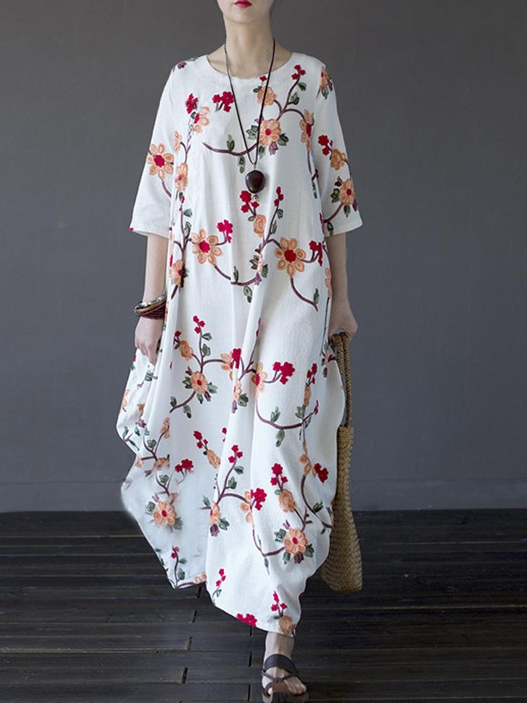 Demies Vintage Broderie Manches Robe Femme Ourlet Irrégulier À Florale 35Lj4RqA