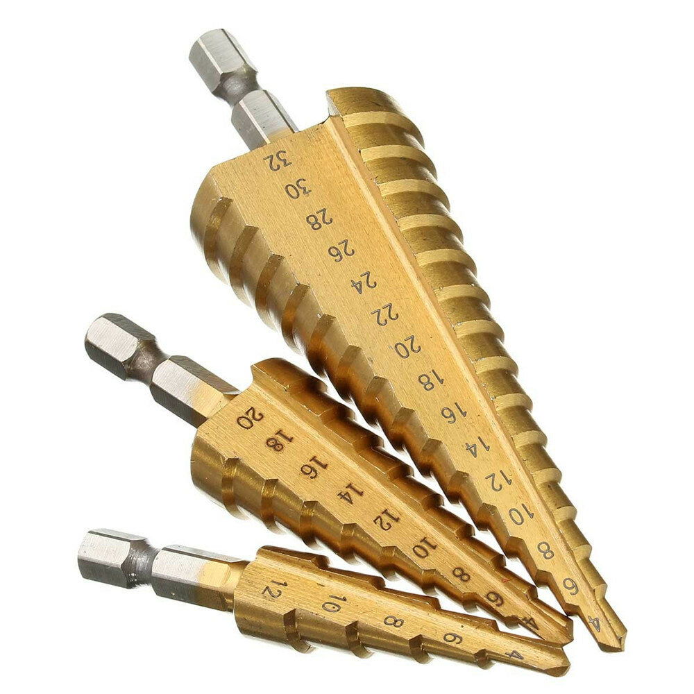 Drillpro 3 قطع 4-12 / 20/32 ملليمتر hss التيتانيوم خطوة مخروط مثقاب عرافة عرقوب هول القاطع