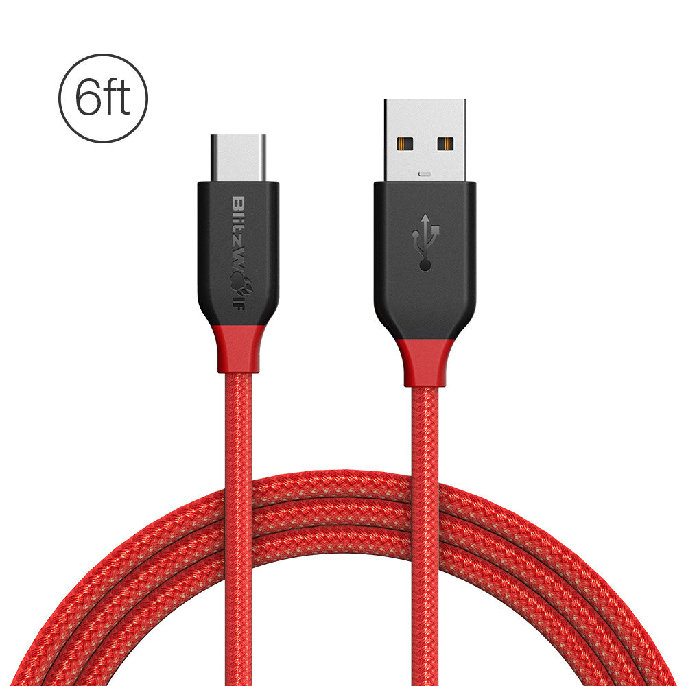 BlitzWolf&reg; AmpCore BW-TC6 3A USB Type-C كابل بيانات مضفر شحن 6 قدم / 1.8 متر مع شريط تصحيح Nylon حزام