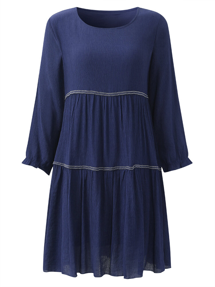 Beil&auml;ufig Damen Laterne H&uuml;lse O-Ansatz reine Farbe gefaltet Kleid