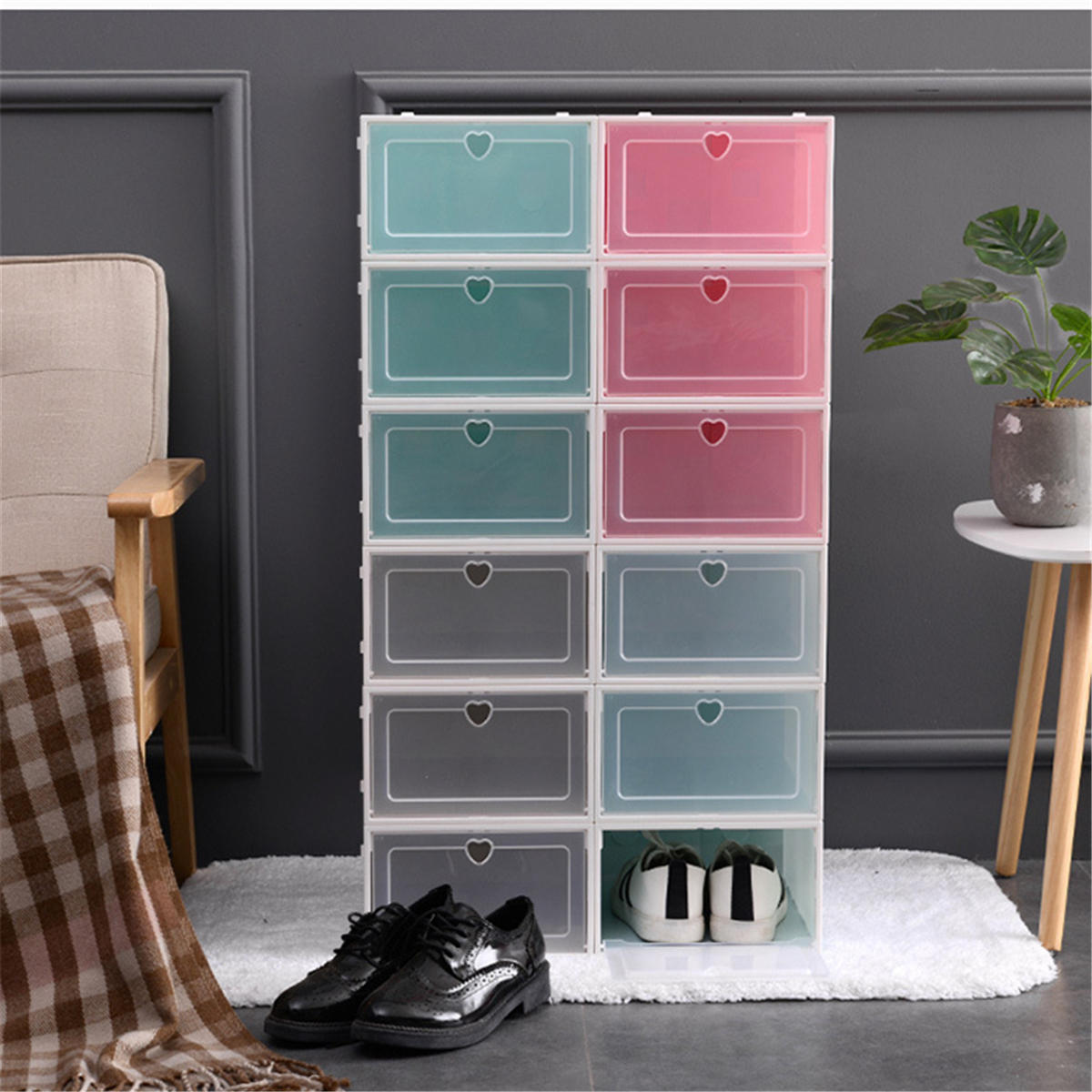 Foldable Clear Plastic Shoe Boxes Storage Organizer Stackable Tidy
