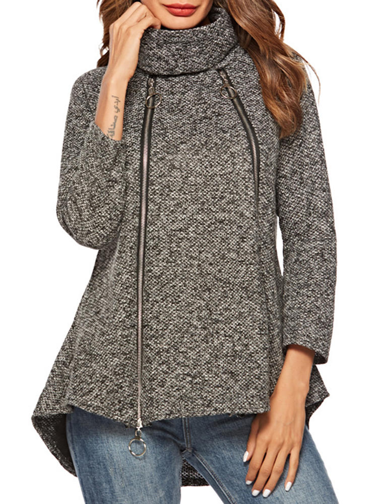 Women Zipper Stand Collar Asymmetrical Hem Long Sleeve Coats