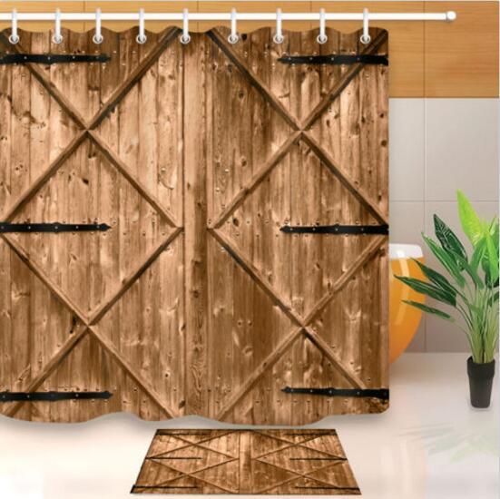 Rustic Wooden Barn Door Bathroom Waterproof Shower Curtain Set Fabric /& 12 Hooks