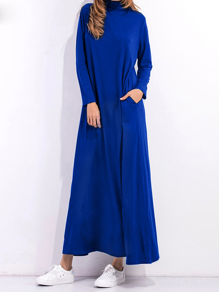 Casual Women Long Sleeve Pure Color Turtleneck Pocket Long Dress