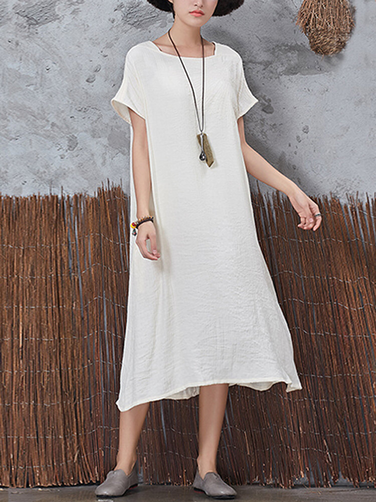 Vestidos con Bolsillos de Manga Corta Vintage Casual para Mujeres