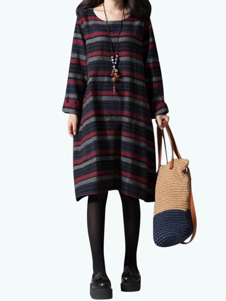 Casual Women Long Sleeve Striped O-Neck Loose Dress with Pocket