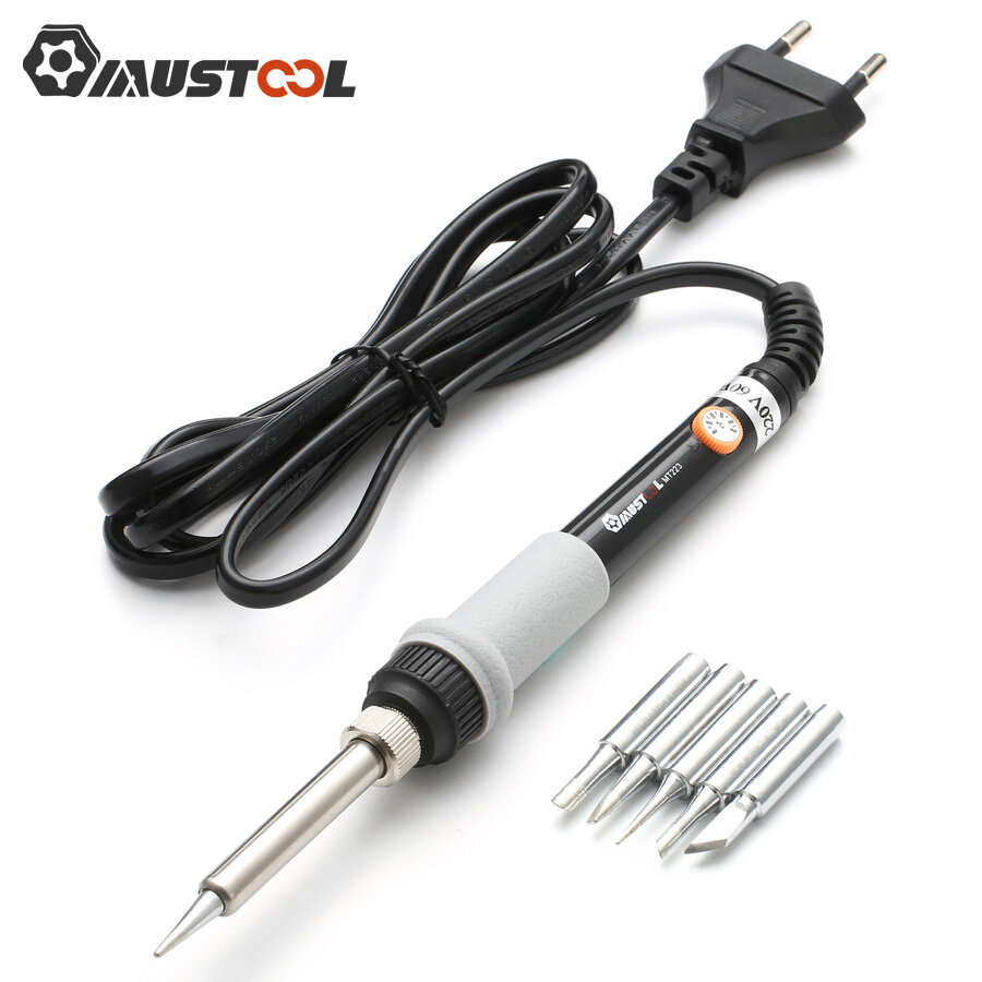 60W 220V Soldering Iron Kit Cleaning Sponge Adjustable Temp 5pcs Tips