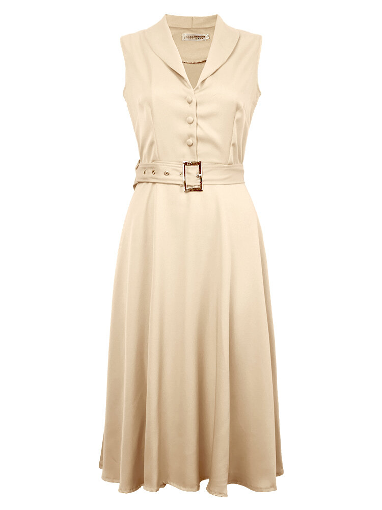 Women's Swing Party Dress Lapel Sleeveless Button Dresses With Belt