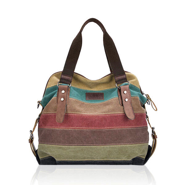 Mujeres Casual Bolsa de Mano de Raya de Lona Bolso de Micro-Fibra de Cuero Bolsas de Hombro del Color del Contraste Bolsos de Crossbody