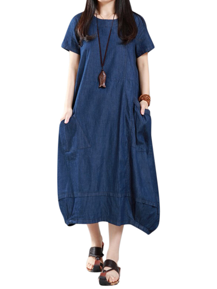 Casual Женское Loose Denim Pockets Lantern Maxi Платье
