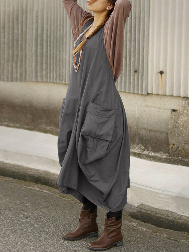 Женское Винтаж Без рукавов V Шея Ремни Назад Крест сплошной Фартук Платье