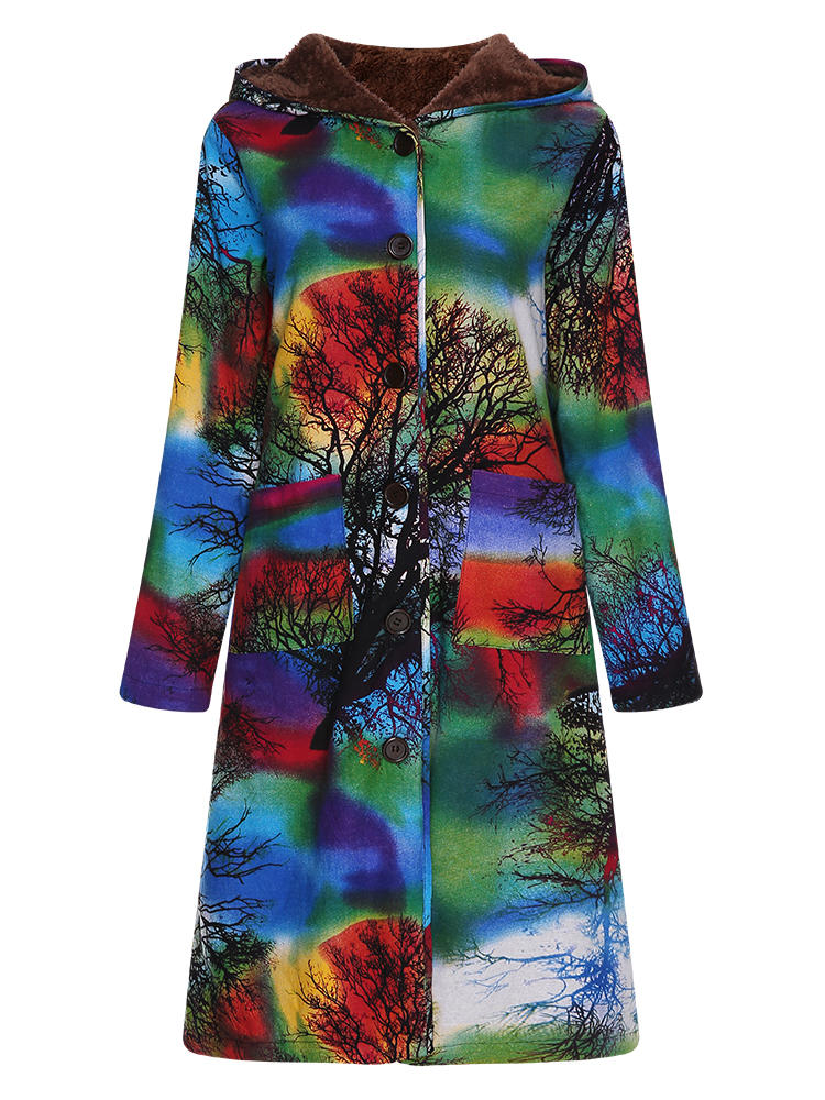 Mulheres vintage impresso manga comprida de l&atilde; forrado casacos com capuz