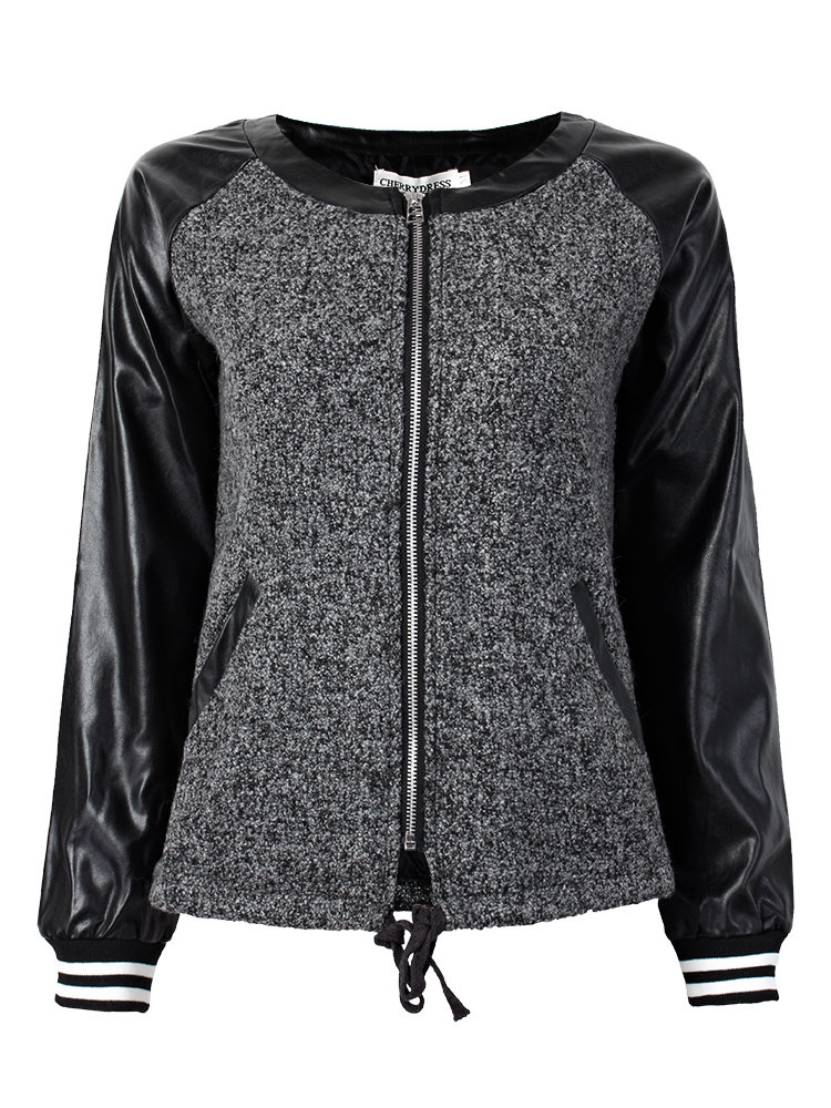 Casual Women O Neck Zipper PU Patchwork Drawstring Short Jacket