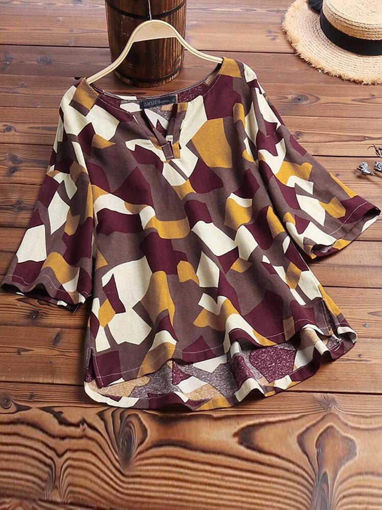 Frauen Casual Printed V-Neck Kurzarm-Bluse