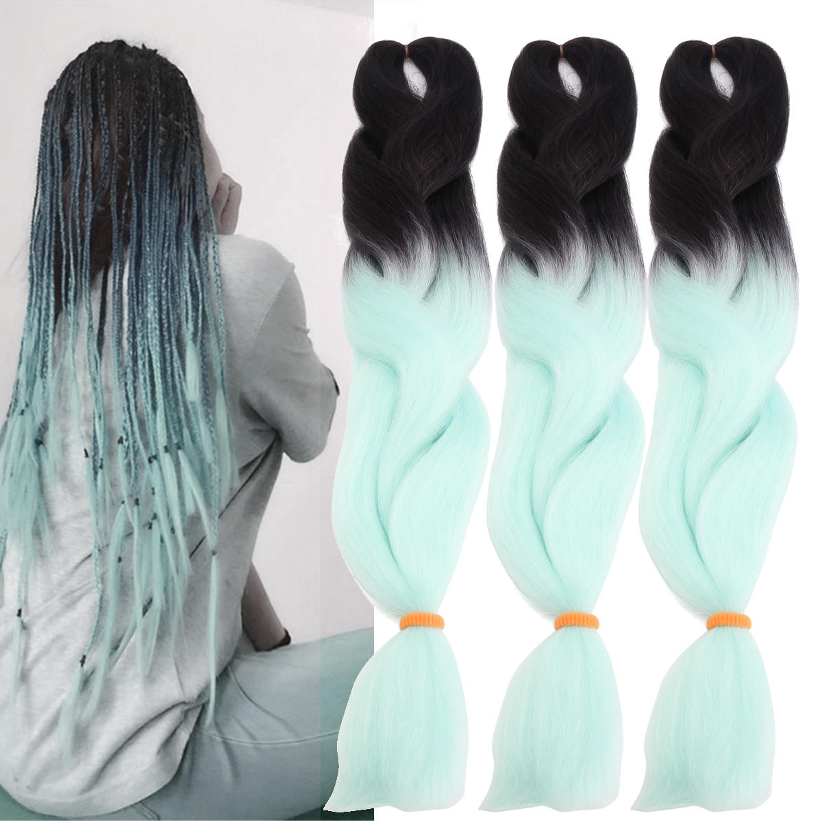 24 Black Mint Green Ombre Dip Dye Kanekalon Braiding Hair