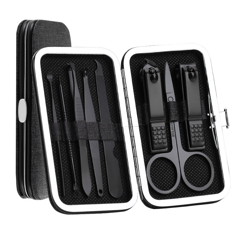 YFM&reg; A&ccedil;o Inoxid&aacute;vel Preto Unhas Clipper Pedicure Scissor Tweezer Manicure Set Kit