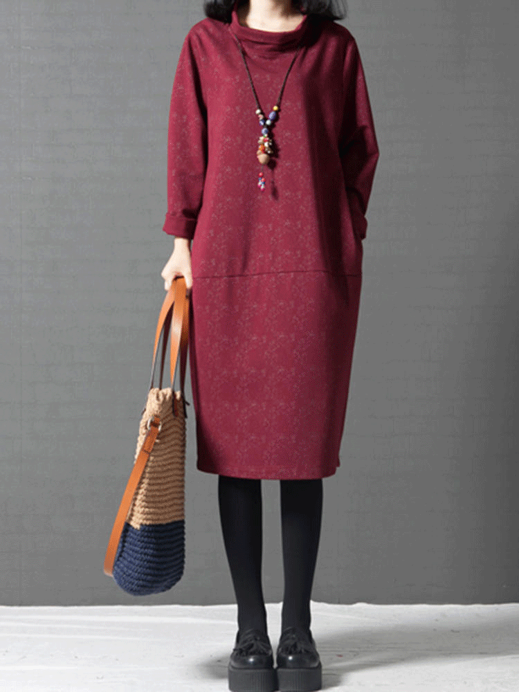 Mulheres vintage vestido de gola longa com mangas compridas com bolsos