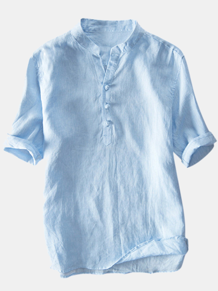 Mens Retro Chinese Style Shirts Short Sleeve Casual T Shirt Stand Collar Blouse