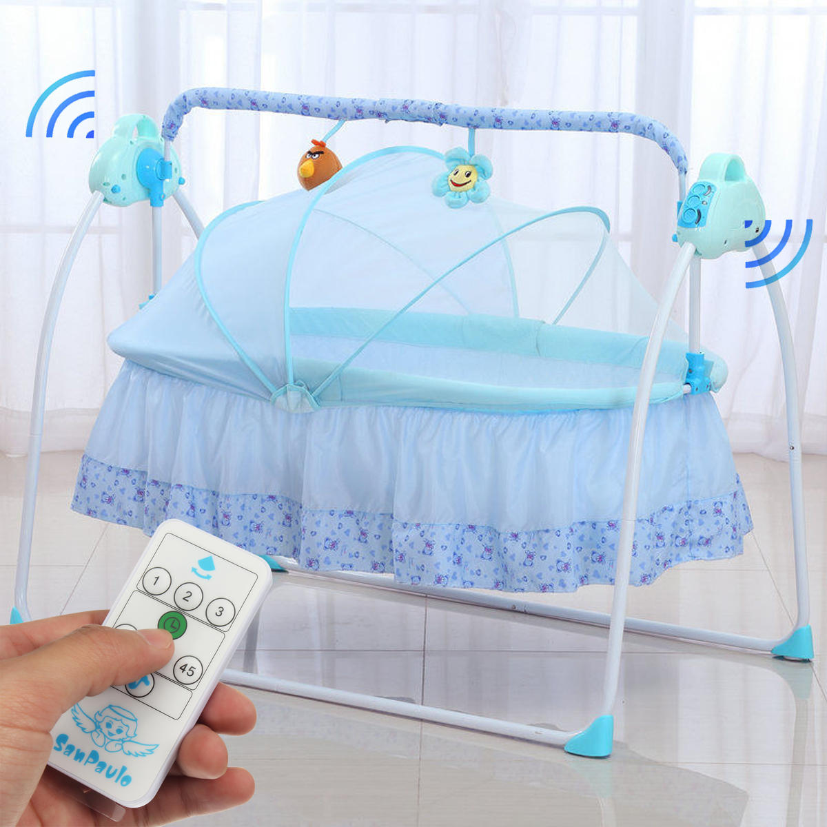 Electric Baby Crib Cradle Infant Rocker Auto Swing Sleep Bed Blue