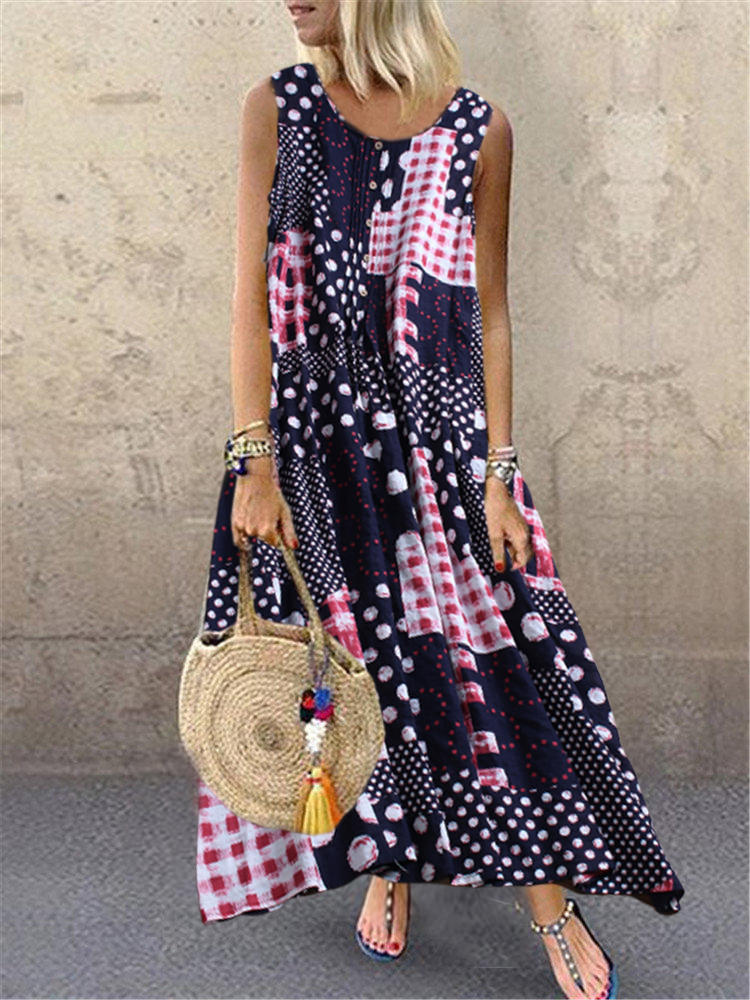 Sleeveless Polka Dot Plaid Maxi Dress for Women Sleeveless Polka Dot Plaid Maxi Dress for Women