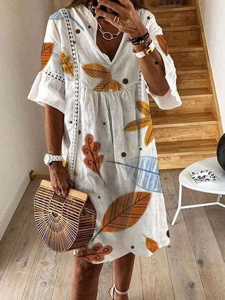 Women Casual Leaves Print V-neck Short Sleeve Mini Dress Women Casual Leaves Print V-neck Short Sleeve Mini Dress