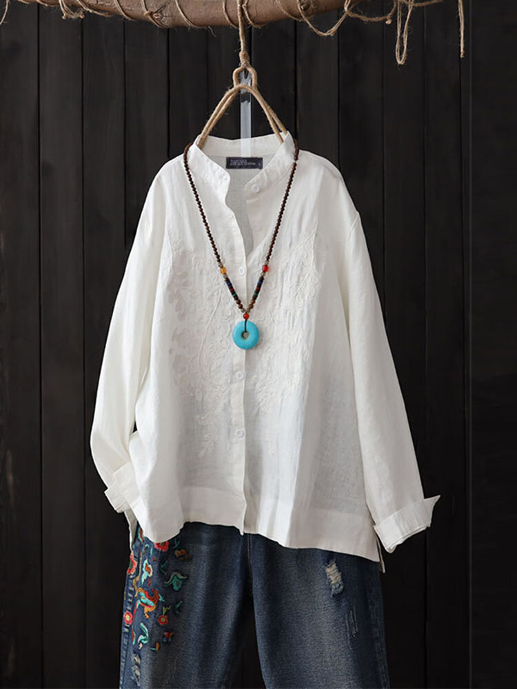 Mulheres do vintage bot&atilde;o bordado casual blusa de manga longa