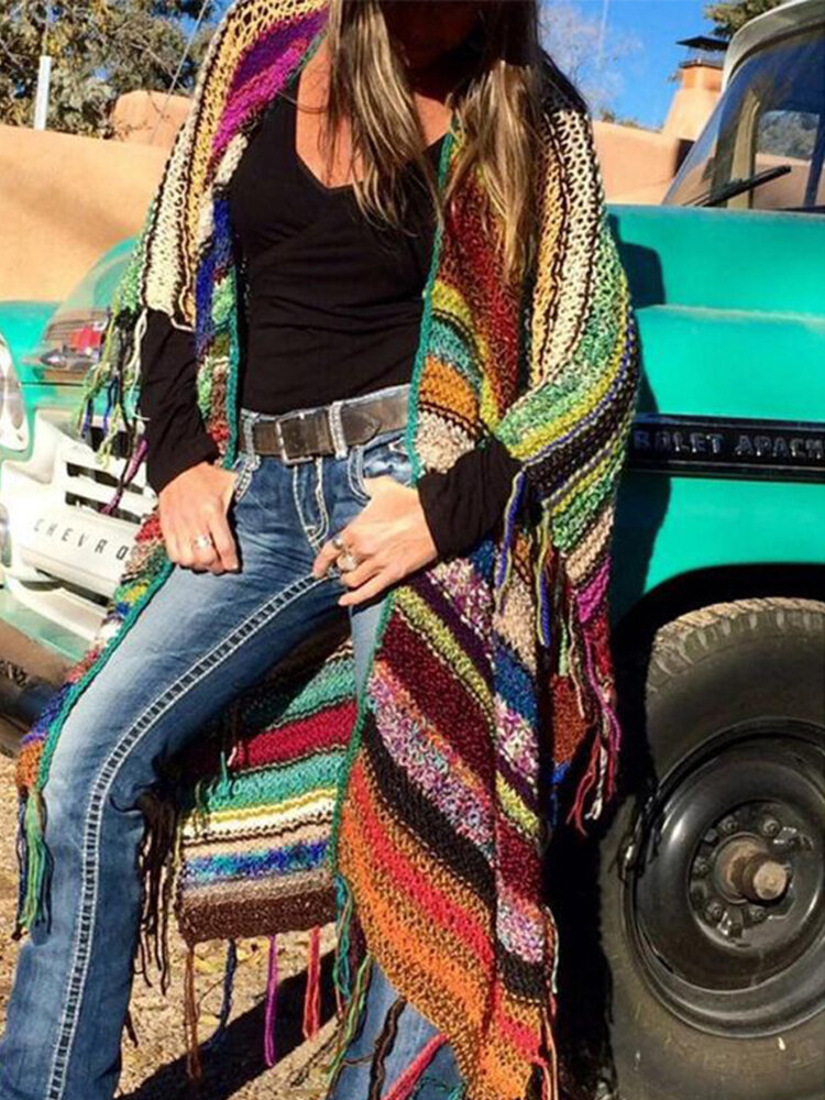 Folk Style Print Cardigan Tassel Coats Folk Style Print Cardigan Tassel Coats